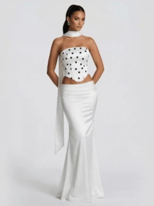 女士波点抽绳荷叶边装饰上衣和半裙套装，婚礼派对服装 - 白色 - 查看 3