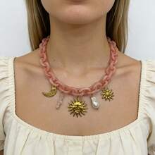 1件金色不锈钢日月吊坠项链，搭配粉色亚克力云朵效果链，适合夏季外出、旅行和赠送朋友 - 粉紅色鏈條+太陽吊墜 - 查看 6