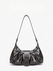 Bolso de moto vintage Miradet Y2K para mujer, de piel suave desgastada, con remaches y hebilla decorativa. Bolso de hombro o axila con diseño de nube plisada. Ideal para el trabajo, desplazamientos, citas y fiestas. - Café integral - Ver 8