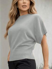 Blusa Tricot Feminina Manga Curta Básica Casual Elegante - Cinza - Visão 7