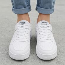 Tenis para hombre y tenis de hombre en oferta zapatos cómodos informales con suela gruesa de plataforma calzado deportivo transpirable fabricado en PU sintético y suela EVA ligera diseño liso con cordones estilo casual de moda urbana zapatillas versátiles para caminar uso diario y deporte ligero y cómodo - Blanco - Ver 3
