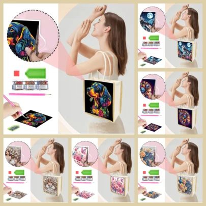 Bộ tranh đính đá thủ công 1 chiếc kèm túi mua sắm di động, các mẫu hình cún con, sói tuyết, nhân vật hoạt hình, chim công, chất liệu vải canvas, tranh khảm một phần, họa tiết có thể thay đổi, dùng để đựng chìa khóa, son môi hoặc quà tặng Lễ Tạ ơn, lễ hội.