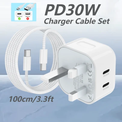 For IPhone Charger Fast Charge,PD 30W USB C Charger Compatible With Apple Charger UK Plug With 100cm/3.3FT Long Fast Charging Type-C Charger Cable For IPhone 16 15 14 13 12 11 Pro Max XS XR 8 7 6 Plus 5,Galaxy,Xioa-Mi