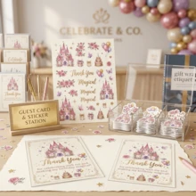 50pcs Pink Castle Princess Birthday Thank You Cards, Magic Theme Party Supplies, Guest Favor Appreciation Small Cards, Gift Box & Bag Matching Stationery Set - Square - View 4