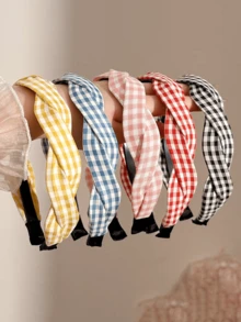 1件复古格子发箍，夏季编织格子发圈，防滑齿状发夹，少女风发饰 - 彩色 - 查看 2