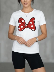 Red Polka Dot Bowknot Print Design Women's Summer Casual Loose Soft 100% Cotton Crew Neck Short Sleeve T-Shirt,Valentine Outfits For Women,Vacation Outfits Women - 白色 - 查看 2