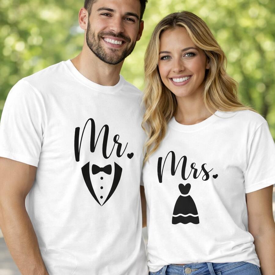 Camiseta con estampados de pareja de "Sr. y Sra." con esmoquin y vestido, para uso diario, regalos de cumpleaños, regalos de Halloween, o como camiseta conmemorativa para amigos o seres queridos. También adecuada como suéter. Entrega rápida. - Mujer blanca - Ver 1