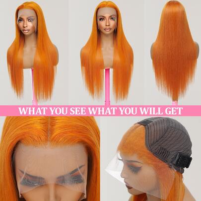 蕾丝前假发，真人混纺发丝，13x4直发前额发丝，200密度，无胶假发，女士款，预先拔毛，带婴儿绒毛，#350姜橙色，24英寸