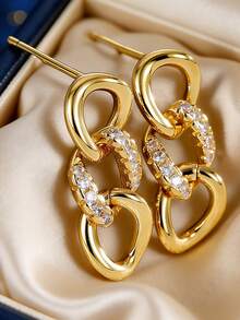 Women's Gold-Plated Chain Hoop Earrings, Fully Embedded With Zirconia Stones, Minimalist Elegant Style, Suitable For Daily Commute And Workwear, An Ideal Gift For Fashion Enthusiasts - Gold - View 2