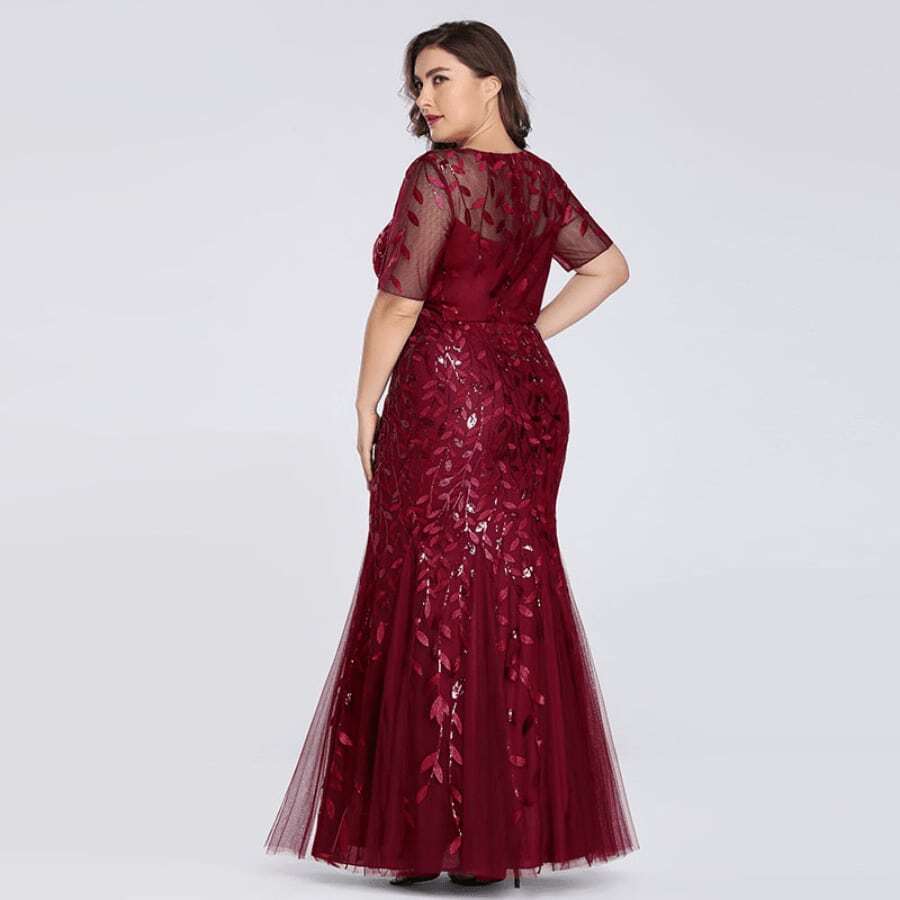 Bead Mesh Fishtail Slim Fit Banquet Dress - Burgundy - View 1