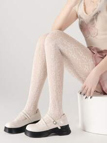 新款春夏渔网袜，法式复古花卉藤蔓图案，竖条纹镂空针织连裤袜 - 彩色 - 查看 5