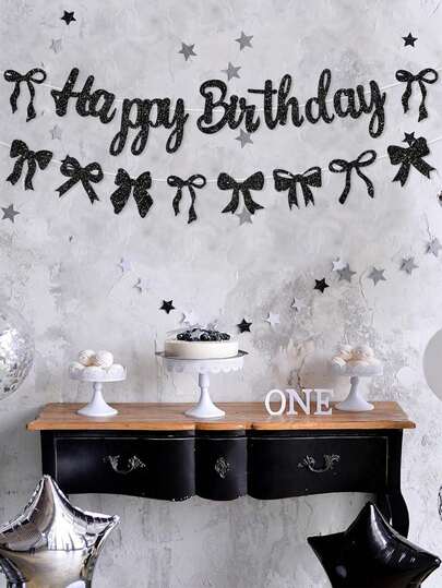 一套黑色蝴蝶结闪亮“生日快乐”横幅，女孩派对背景装饰，生日快乐蝴蝶结花环横幅，闪亮粉色生日快乐蝴蝶结装饰，粉色生日派对用品，一周岁生日派对横幅，新娘送礼会装饰，家居卧室客厅婚礼户外装饰