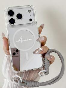 Personalized Custom Name Embossed Letter Four-Corner Mirror Short Rope Shockproof Protective Phone Case, Compatible With Iphone 18 Pro Max 17 Pro Max 17 Pro 17 16 15 14 13 12 11 Pro Max 16 15 Plus - Silver - View 3