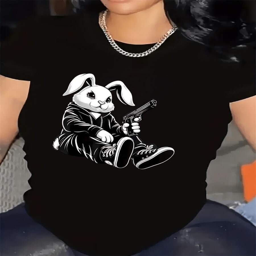 Camiseta de manga corta con gráfico de conejo sosteniendo una pistola, hecha de tela duradera, ligera y cómoda para uso casual en casa o restaurante, perfecta para uso diario, ropa de mujer - Multicolor - Ver 1