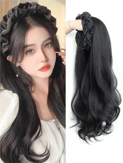 20 Inch Black Pleated Headband Wig, Synthetic Fiber Women's Headband Wig, Long Wavy Headscarf Wig No Replacement Needed