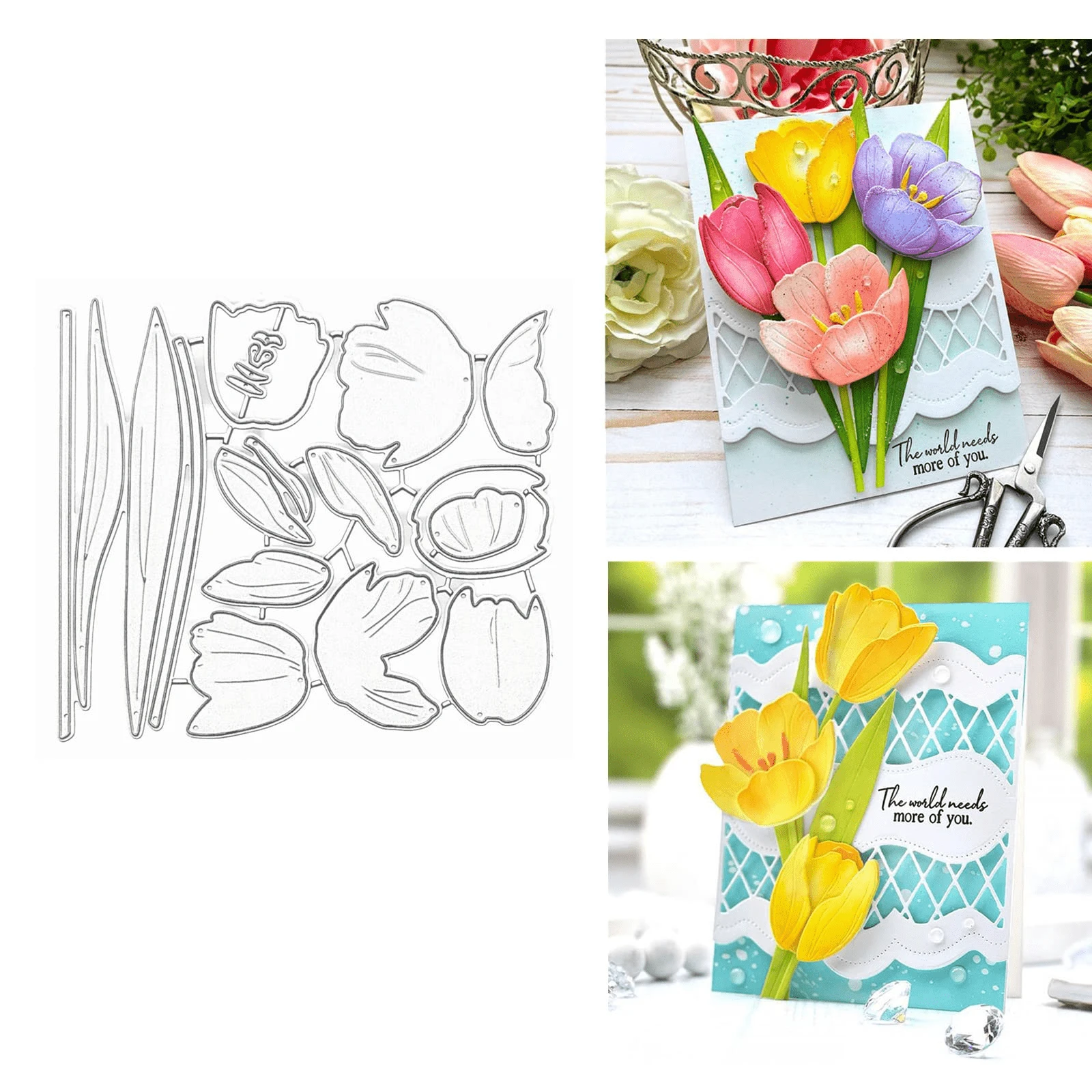 Tulip Set Floral Metal Cutting Dies, Leaf Plant Wedding Cutting Molds, Templates, DIY Handmade Cards, DIY Pressed Flower Card Making, Photo Decoration Paper Molds, Scrapbooking Etc. - Silver - View 1