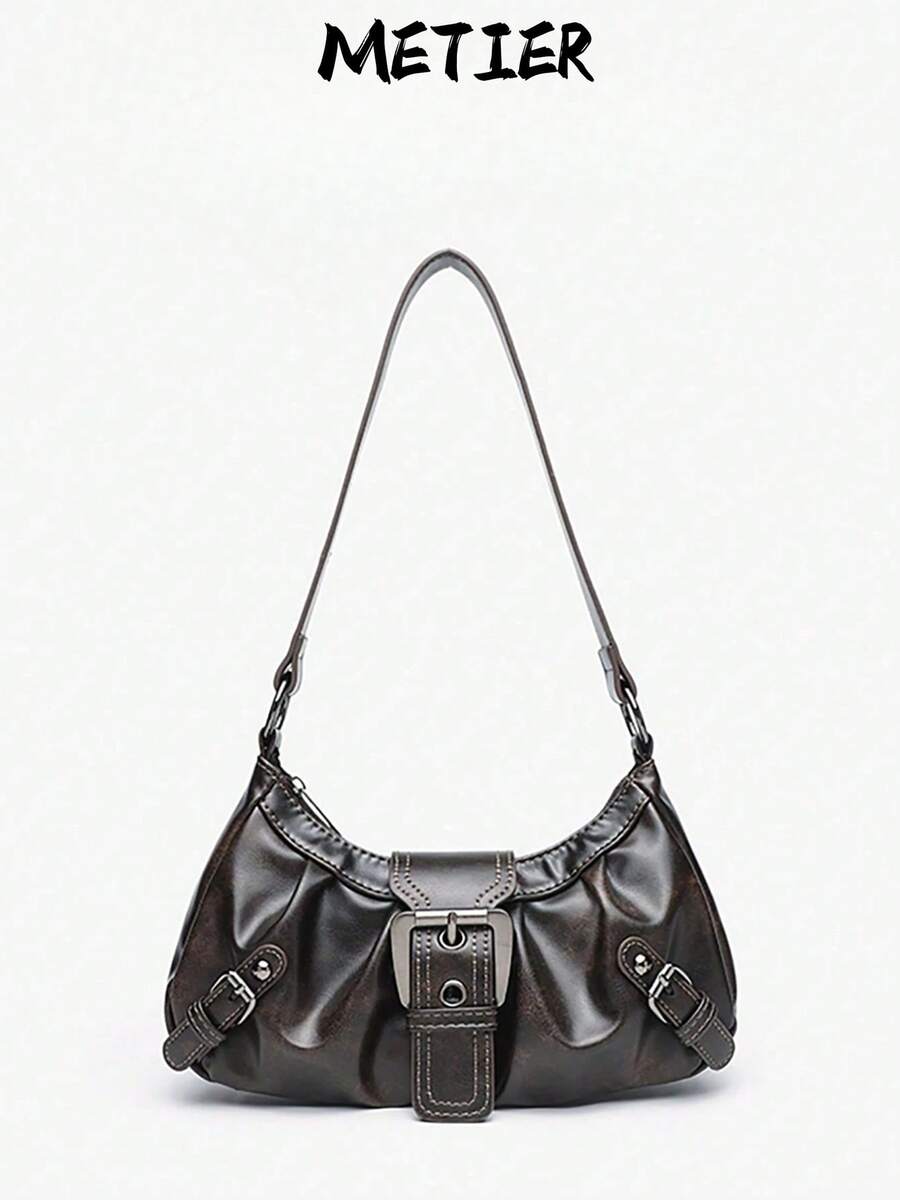 Bolso de moto vintage Miradet Y2K para mujer, de piel suave desgastada, con remaches y hebilla decorativa. Bolso de hombro o axila con diseño de nube plisada. Ideal para el trabajo, desplazamientos, citas y fiestas. - Café integral - Ver 1