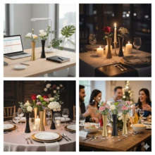 优雅金属花瓶，小巧精致，金色/黑色，金属材质，无需担心摔落，锥形瓶身，适合各种花型，可用于婚礼餐桌中心装饰、烛光晚餐餐桌装饰、家居装饰、房间装饰、送给闺蜜的礼物、送给女性的礼物、冬季礼物。 - 束腰款 - 查看 4