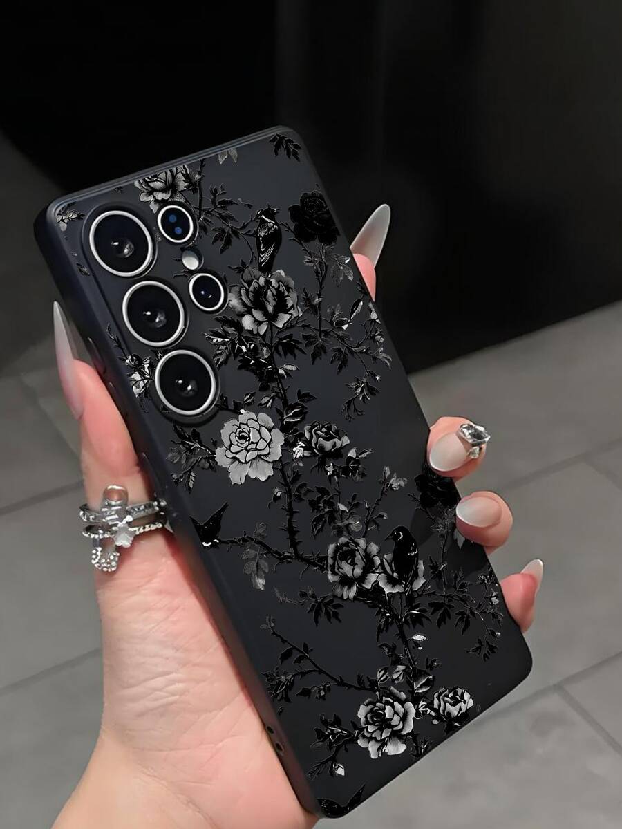 1 pièce Étui de téléphone noir à la mode avec motif de pie et fleur de pivoine, anti-chute et anti-dérapant, compatible avec Galaxy A04e/A05s/A13/A14/A15/A34/A35/A50/A52/A53/A54/S21/S22/S23/S24/S25/S25Ultra/24fe - Noir - Voir 1