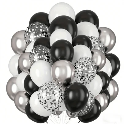 50pcs Black & White Latex Balloons Set, Includes 10-Inch Metallic Balloons, No Power Needed, Suitable For Birthday, Anniversary, Graduation, Party And Various Celebrations