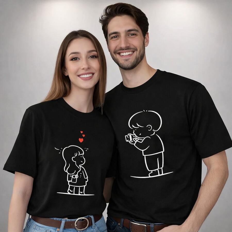 Camiseta con estampado de dibujos animados para parejas, ideal para uso diario, regalos de cumpleaños, regalos de Halloween o como camiseta conmemorativa para amigos o seres queridos. También es adecuada como suéter. Entrega rápida. - Mujer oscura - Ver 1