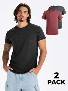 Roly 2-Pack Short-Sleeve Washed-Effect T-Shirts (48-Hour Delivery) - Various Sizes - Black And Red - 100% Combed Cotton, Crew Neck, Double Stitching, Inner Gusset, Denim Effect - Ideal For Everyday Wear, Casual Looks, Informal Style, Basic And Comfortable T-Shirts, Versatile Design - Black and Red Wash - View 2