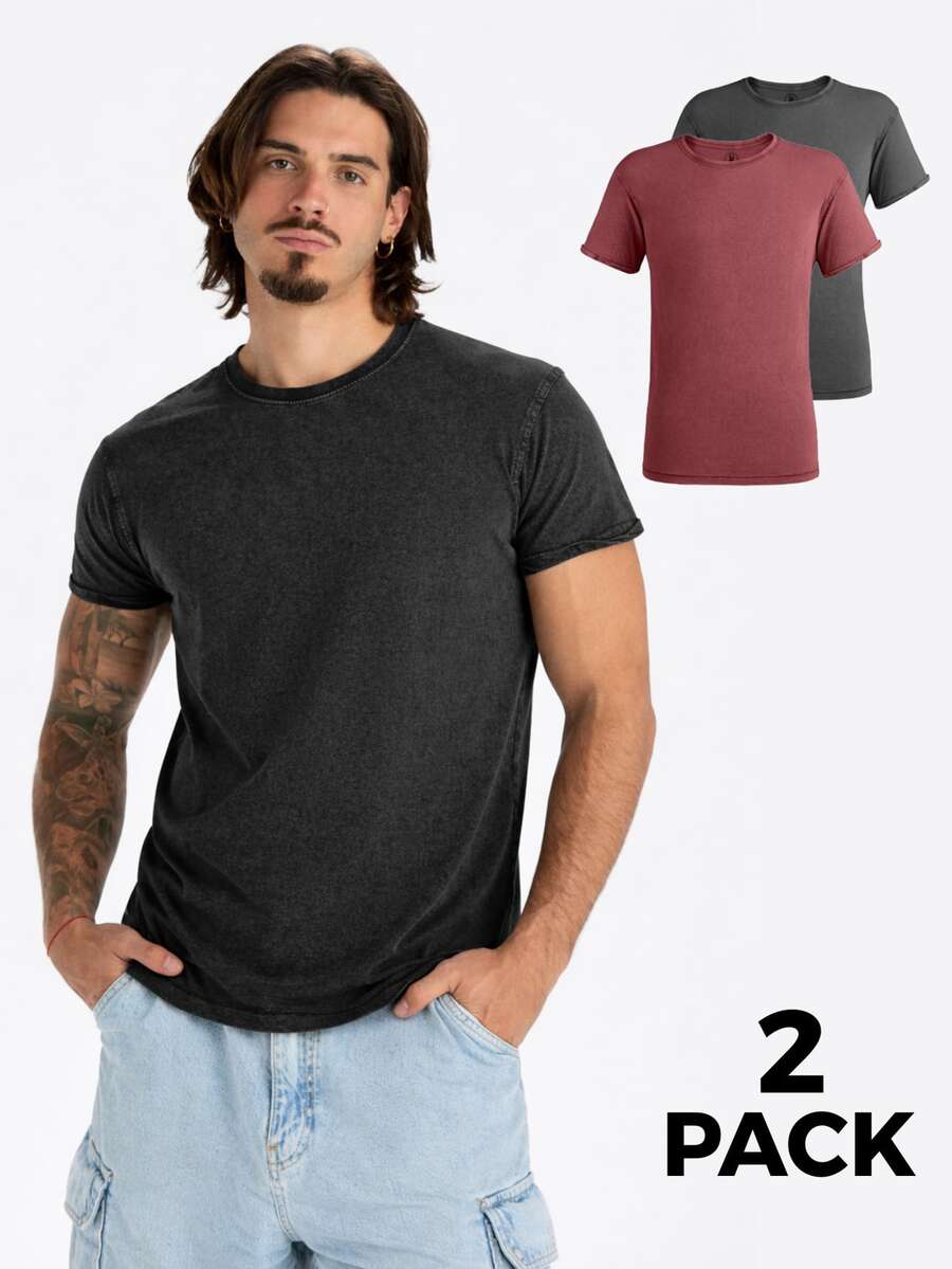 Roly 2-Pack Short-Sleeve Washed-Effect T-Shirts (48-Hour Delivery) - Various Sizes - Black And Red - 100% Combed Cotton, Crew Neck, Double Stitching, Inner Gusset, Denim Effect - Ideal For Everyday Wear, Casual Looks, Informal Style, Basic And Comfortable T-Shirts, Versatile Design