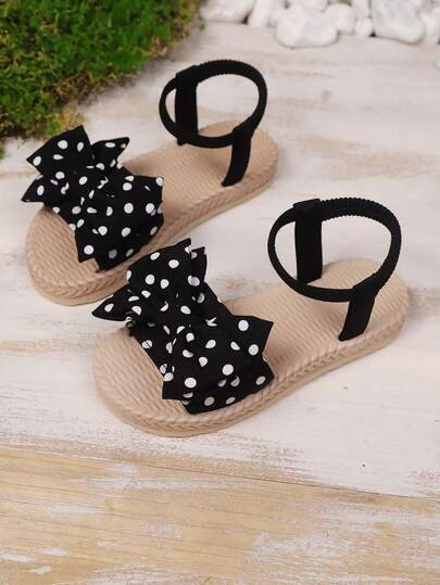1 Pair Plus Size Black Toddler/Little Girls' Flat Sandals, Soft & Comfortable Black & White Polka Dot Mesh Bow Decor Elastic Back Strap Round Toe Open Toe Cute Roman Sandals, Suitable For 3-15 Years Old Girls Daily, Casual, Travel, Summer