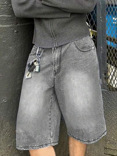 男士寬鬆版型寬腿休閒丹寧百慕達短褲 Jorts，Emo 風格，Y2K