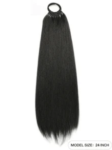 24 Inch Braided Straight Ponytail, Synthetic Extensions Made Of Polyester Fiber, With Elastic Bands Wrapped Around The Hair, Available In Various Colors. Suitable For Women To Wear In All Seasons And Can Also Be Used As Daily Accessories.,Festival,Party - Natural Black - View 3