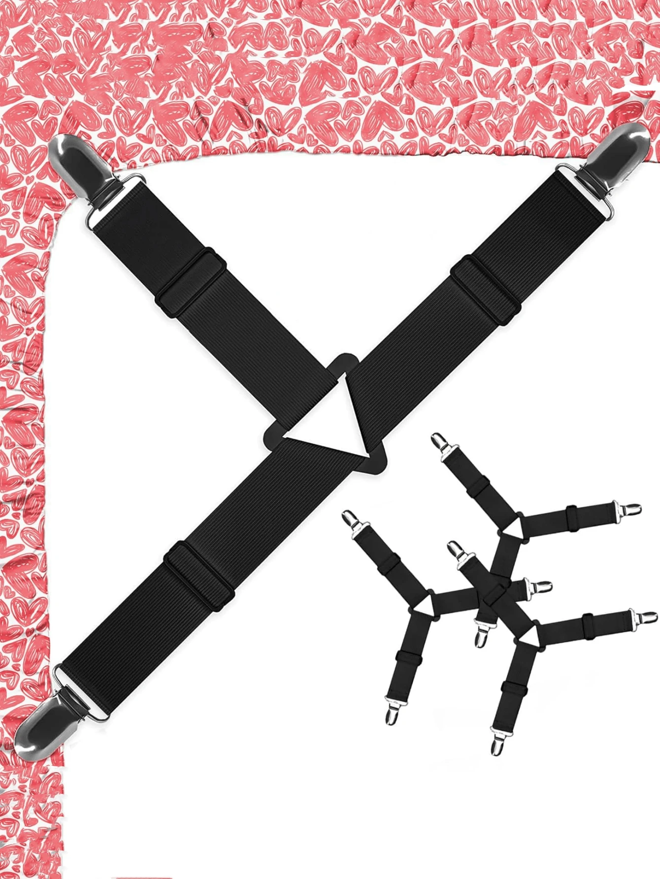 4 Piezas de Sujetadores para Sábanas, Sujetadores de Sábanas para Esquinas, Clips para Cubrir Colchones Ajustables, Clips de Sábanas Premium Enchapados en Níquel con Bandas Ajustables para la Cama - Negro - Ver 1
