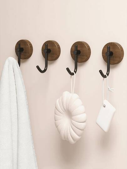 1/2/4pcs Minimalist Wooden Wall Hooks, Multi-Functional Adhesive Hooks, Waterproof And Durable, Strong Suction, Suitable For Hanging Towels, Clothes, Bath Balls, Etc. - An Ideal Choice For Living Room, Kitchen, Bathroom