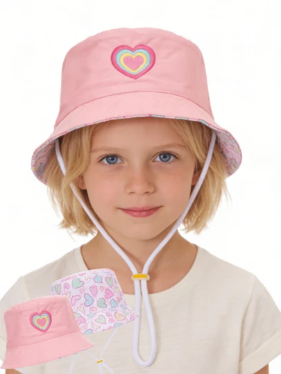 Children's Rainbow Heart Embroidered Bucket Hat, Minimalist Versatile Sun Protection, Spring/Summer