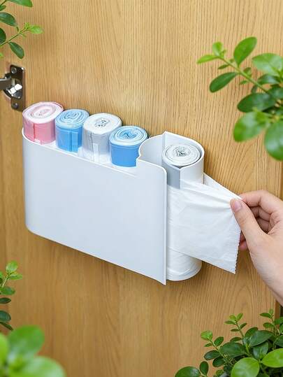 Wall-Mounted Garbage Bag Dispenser, Self-Adhesive Plastic Bag Storage Rack, Space-Saving Multi-Functional Wall-Mounted Garbage Bag Holder, Glue-Free Garbage Bag Dispenser And Storage Box, Suitable For Kitchen, Pantry And Bathroom, Space-Saving Without Drilling