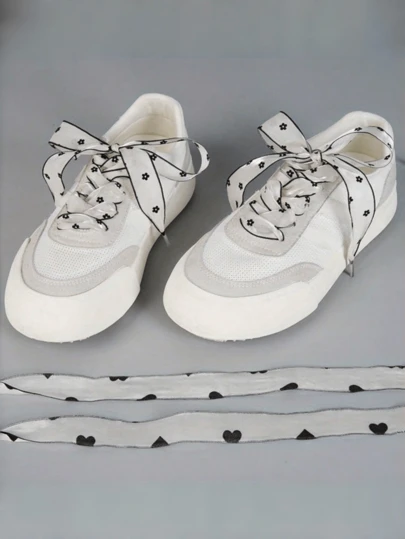 2Pcs Flower Pattern Satin Shoelaces, Polyester & Spandex Elastic Wide Decorative Laces, Sweet Floral Print Fashion Shoe Laces, Soft Durable Breathable Footwear Accessories, Perfect For Sneakers, Canvas Shoes, Casual Shoes & Fashion Boots, All-Match Stylish Laces For Women & Girls, Ideal DIY Shoe Decoration For Daily Wear, Parties & Outfits Matching