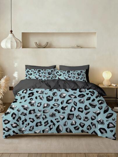 2/3件套3D立体几何图案被套套装（1个被套+1/2个枕套，不含枕芯），豹纹图案床上用品套装，柔软舒适，适用于卧室、客房、宿舍装饰