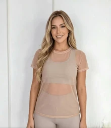 Women's Blouse, Transparent Tulle T-Shirt, Gym, Fitness Fashion, Blogger Style - 駝色 - 查看 5