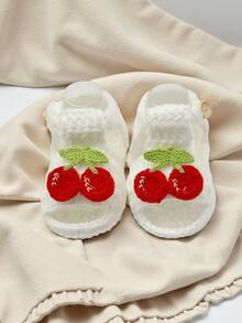 1 Pair Handmade Crochet Infant Sandals, White With Red Cherry Decor, Soft Knitted Booties - White - View 4