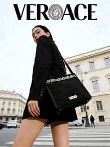 Versace 1pc Black & Gold Tone Slanted Cosmetic Bag, Large Capacity Shoulder Makeup Storage Bag 24*25*12cm With Pockets, Versatile Travel & Daily Use Bag, Fashionable Luxury Cosmetic Pouch - Multicolor - View 1