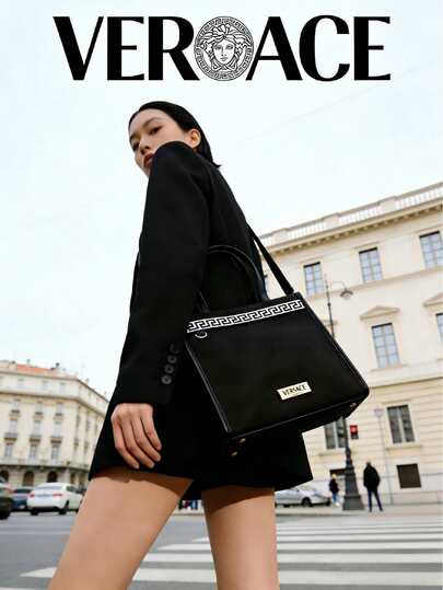 Versace 1pc Black & Gold Tone Slanted Cosmetic Bag, Large Capacity Shoulder Makeup Storage Bag 24*25*12cm With Pockets, Versatile Travel & Daily Use Bag, Fashionable Luxury Cosmetic Pouch