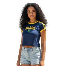 Retro Embroidered Brazilian Flag Crop Top - No State - Navy Blue - View 3