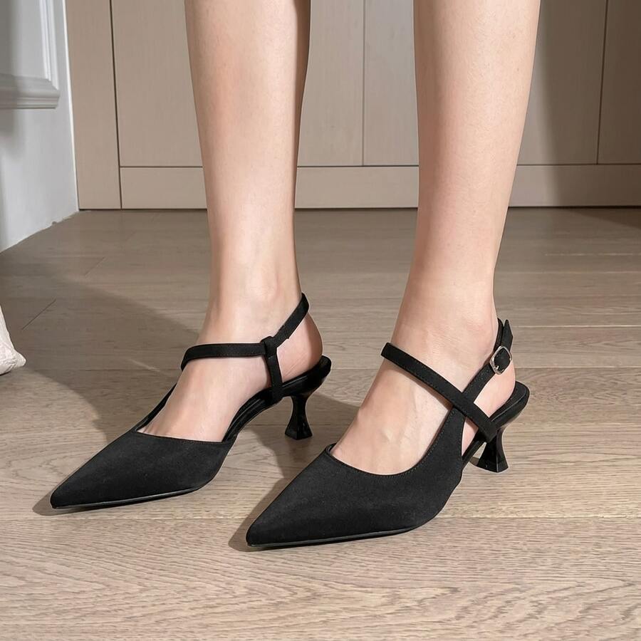 Tacones Elegantes de Punta Fina Zapatillas de Tacón Fino con Tira al Tobillo y Hebilla Ajustable Sandalias de Vestir Material de Gamuza Suave Calzado de Oficina Sofisticado Zapatos de Tacón de Aguja Modernos Cómodos Transpirables Antideslizantes Estilo Chic para Fiesta Eventos Moda  Mujer - Negro - Ver 1