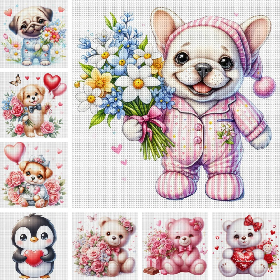 一套 - 可爱的情人节十字绣套件，DIY针线艺术材料，11CT十字绣装饰画，创意手工礼物。完整的家居装饰印花十字绣工艺品，适合家居装饰编织艺术。不含画框。