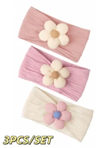 3pcs Baby Elastic Nylon Headbands With Padded Small Flowers, Super Soft Jacquard Headbands, Children Hair Accessories - Rice + Rice + Light Pink - View 1