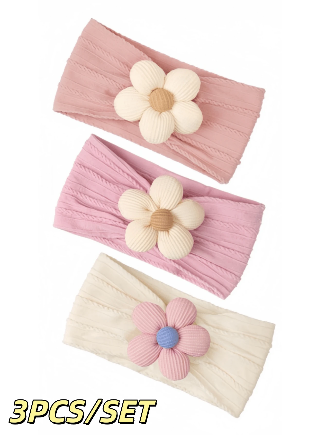 3pcs Baby Elastic Nylon Headbands With Padded Small Flowers, Super Soft Jacquard Headbands, Children Hair Accessories - Rice + Rice + Light Pink - View 1