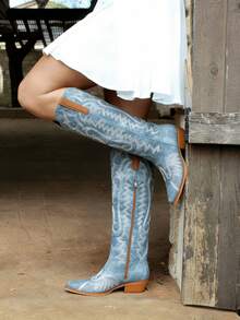 Women's Cowboy Boots Blue Boots Knee High Cowgirl Boots Low-Heel Side Zippers Chunky Heel Pull On Shoes Western Country Embroidery Style Festival Shoes Country Concert Combat Boots For Women Sexy Fashion Coastal Cowgirl Winter Fall Boots For Women - quần jean xanh - Xem 4