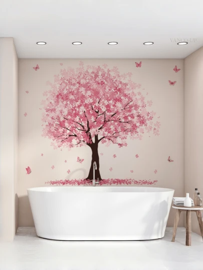 1 miếng dán tường hình thỏ hồng hoạt hình, cây và bướm, decal dán tường tự dính mờ có thể tháo rời, thích hợp trang trí phòng khách, phòng ngủ, nhà cửa, trang trí mùa xuân, quà tặng.