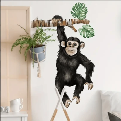 Hình dán tường hình khỉ ngộ nghĩnh trên cành cây, trang trí nhà cửa, phòng ngủ, phòng khách, phòng trẻ em.