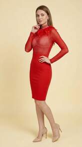Women's Midi Sheath Dress, Sheer Top With Vertical Rhinestone Tulle, Long Sleeves, Glamorous Feathered Collar – Ideal For Chic Evenings, Cocktails, Clubs, Bars, Galas - 紅色 - 查看 3