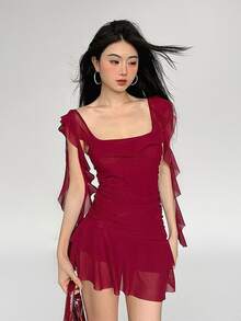 Vestido Rojo Sin Mangas Con Cuello Halter Y Ribete De Volantes De Primavera - Rojo - Ver 6